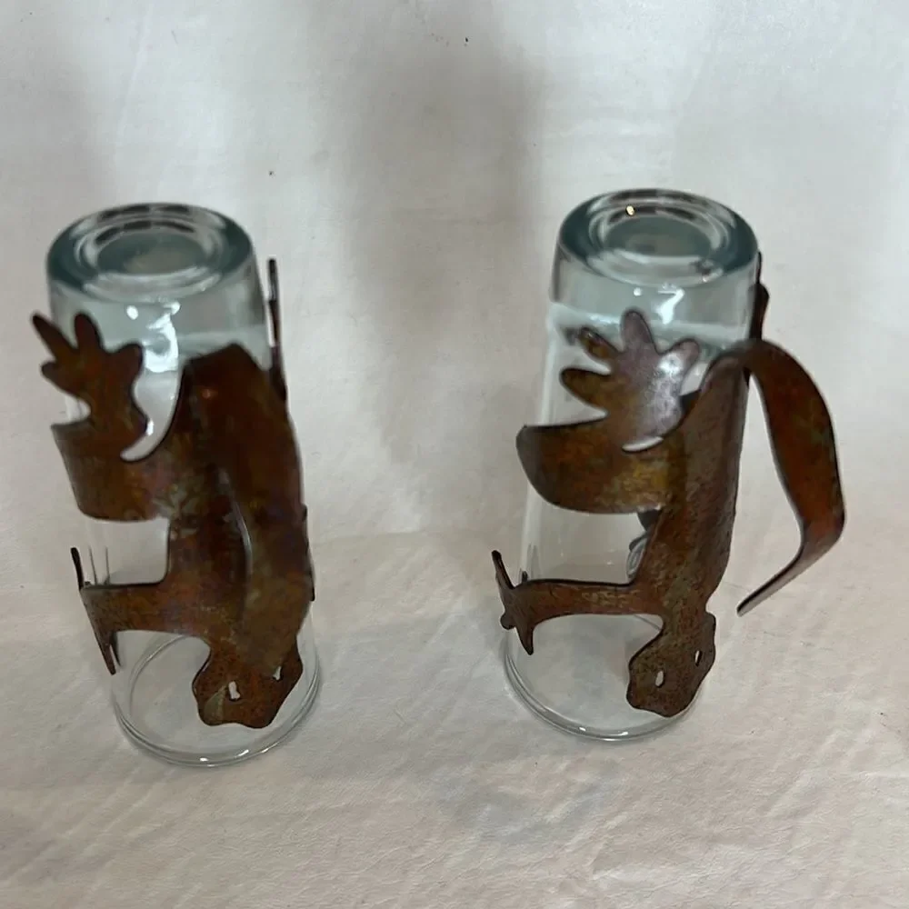 Kokopelli Lizard Gecko Reptile Metal Wrapped Shot Glass Tail Handle Set  Of 2